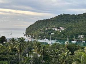 vistas a un puerto con barcos en el agua en Villa Ashiana - Beautiful 3-bedroom villa in Marigot Bay villa en Marigot Bay