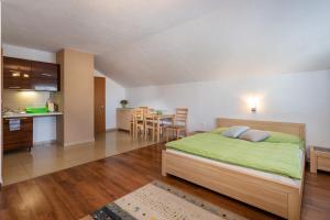 a bedroom with a bed and a kitchen and a table at Pension Lunatyk in Liptovský Mikuláš