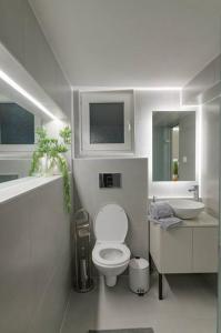 a white bathroom with a toilet and a sink at Green and Grey loft 1 in Alexandroupoli