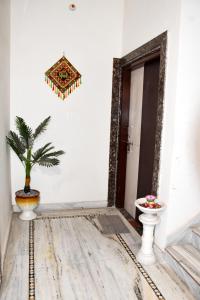 a room with a mirror and a potted plant at Ramaya Home Stay in Varanasi