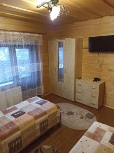 a bedroom with two beds and a flat screen tv at Садиба у Льотчика in Polyana