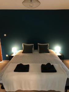 a bedroom with a large white bed with two pillows at PAUSE NATURE SORBAIS gîte 2 personnes avec grand SPA privatif, STREAMING et arrivée autonome in Sorbais