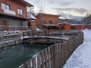 un puente sobre un estanque frente a una casa en Садиба у Льотчика, en Polyana