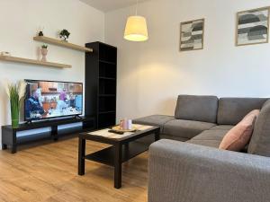 uma sala de estar com um sofá e uma televisão em GLAM APARTMENTS Lipatti near Iulius Mall em Timisoara