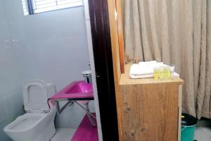 奇旺的住宿－Hotel Park Treasure，一间带卫生间和粉红色盥洗盆的浴室