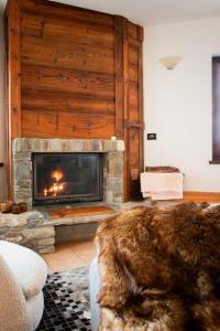 sala de estar con chimenea y sofá en Green Mountain Lodge, en Sauze dʼOulx