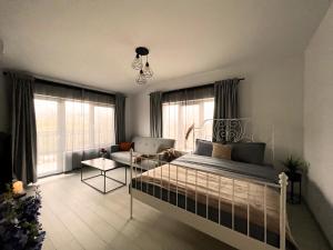 - une chambre avec un lit et un salon dans l'établissement AmurResidence ap5 2rooms freeParking private Sauna, à Iaşi