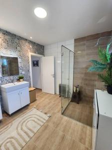 a bathroom with a shower and a sink at NEW Luxury villa near Belgrade for 20 guests sleeps 8 in Vlaška
