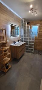 La salle de bains est pourvue d'un lavabo et d'une paroi en verre. dans l'établissement Agréable maison familiale, à Carcans