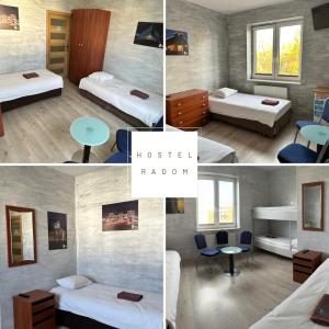 a collage of four pictures of a hotel room at Hostel Radom in Radom