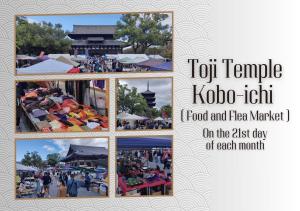 un collage de photos d'un marché alimentaire et aux puces dans l'établissement Kaya no Kochiku, à Kyoto