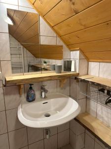 een badkamer met een witte wastafel en een spiegel bij Ferienhaus Werkstattl Rassis Feriendorf Donnersbachwald in Donnersbachwald