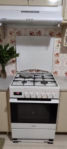a white stove top oven in a kitchen at Pet friendly House in Tríkala