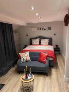 維爾雅爾姆的住宿－Studio "Coeur du Lac"，一间卧室配有一张床和一张蓝色的沙发