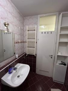Łazienka z umywalką i białymi drzwiami w obiekcie Apartment Lenbonne w Zagrzebiu