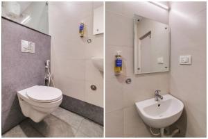 twee foto's van een badkamer met toilet en wastafel bij Hotel Stay Inn Maharani Peta in Alipur