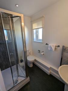 a bathroom with a shower and a toilet and a window at The Seal in Selsey