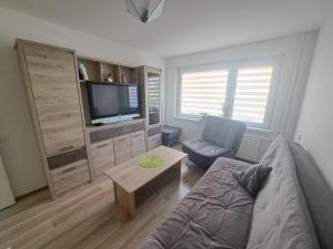 Una sala de estar con un sofá y un televisor. en Jaukus butas, en Klaipėda