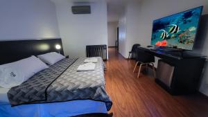 1 dormitorio con 1 cama y escritorio con TV en THE HOTEL en Córdoba