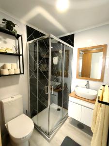 een badkamer met een douche, een toilet en een wastafel bij Herama House in Vila Nova de Gaia