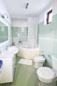 a bathroom with a toilet and a tub and a sink at Casa Millelune in Focşani