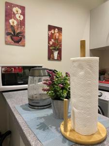 eine Küchentheke mit Papierhandtüchern und Blumen in der Unterkunft شقة انيقه بصاله وغرفه نوم - دخول ذاتي in Riad