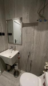 a bathroom with a sink and a toilet and a mirror at شقة انيقه بصاله وغرفه نوم - دخول ذاتي in Riyadh