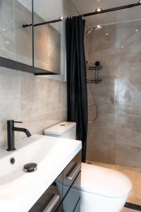 een badkamer met een toilet, een wastafel en een douche bij Davis residence in Voorthuizen