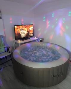 Televízia a/alebo spoločenská miestnosť v ubytovaní magnifique villa avec piscine et spa + 37 fotografií