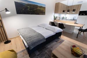 ein Schlafzimmer mit einem Bett und eine Küche mit einem Schreibtisch in der Unterkunft DAPELOVA Apartments - Tále in Tale