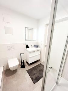 a white bathroom with a toilet and a sink at Baumhof55-3 in Marktheidenfeld