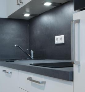 a kitchen with a sink and a black wall at Baumhof55-3 in Marktheidenfeld