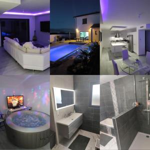 a collage of photos of a bathroom and a house at magnifique villa avec piscine et spa in Merville