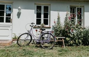 ein lila Fahrrad, das vor einem Haus geparkt ist in der Unterkunft Gutshaus Krimvitz Ferienwohnung auf Rügen in Putbus
