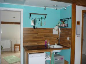cocina con fregadero y pared azul en Ferienwohnung Hinz, en Ellingstedt