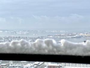 a view of a city from a window at Luxury Skyscraper Apartment with Amazing view over Helsinki in Helsinki