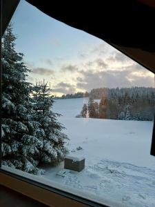 a view of a snow covered field from a window at Domek u Zająca in Krynica Zdrój
