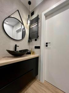 a bathroom with a sink and a mirror at Domek u Zająca in Krynica Zdrój