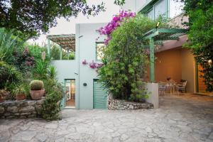 uma casa com uma porta verde e algumas plantas em Villa Myrtalia em Mikra Anogia