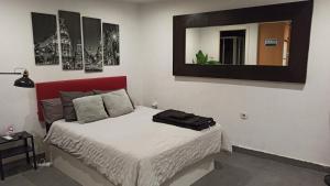 a bedroom with a bed with a red headboard and a mirror at Apartmento en el corazon de Malasaña in Madrid