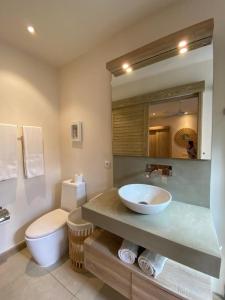 La salle de bains est pourvue d'un lavabo, de toilettes et d'un miroir. dans l'établissement VILLA LILOU, Splendide villa au centre de Grand Baie, à Grand Baie