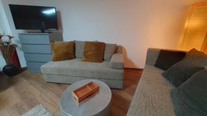 a living room with a couch and a coffee table at City Appartement Cologne North in Dormagen