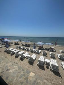 a group of lounge chairs and umbrellas on a beach at Divine Beach Resort Kumburgaz in Büyükçekmece