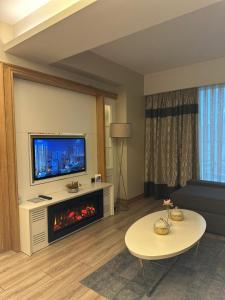 イスタンブールにあるBof Hotels Ceo Suites Atasehirのリビングルーム(暖炉、テレビ付)