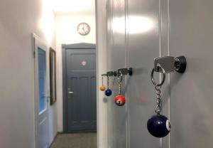 a door with a ball hanging from it with a chain at NEU! Ferienidyll Nähe Plauer See in Halenbeck