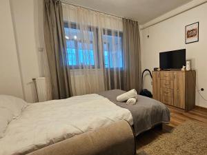 a bedroom with a bed and a flat screen tv at Cozy Studio in Brăila