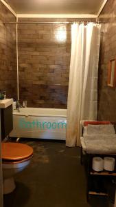 a bathroom with a toilet and a bath tub at The grey house in Liland