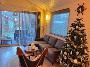 a living room with a christmas tree and a couch at Heppenhaus in Uelsen