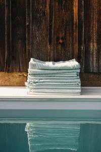 a stack of towels sitting on a shelf next to the water at Hotel Gasthof Wälderhof in Lingenau