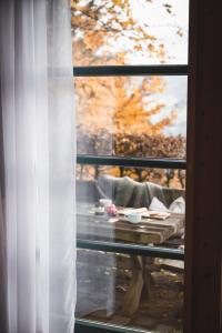 a window with a view of a couch and a table at Bregenzerwald Ferienhaus in Egg